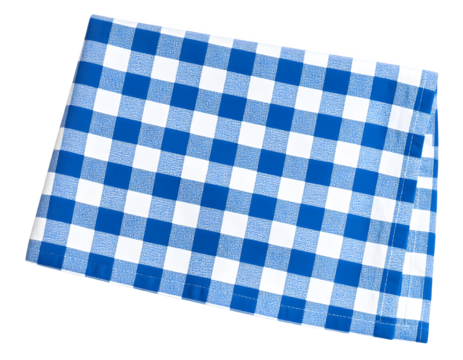 Blue and white checkered picnic tablecloth folded on a black background