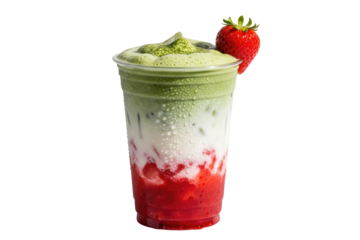 iced strawberry matcha latte with fresh garnish in a plastic cup