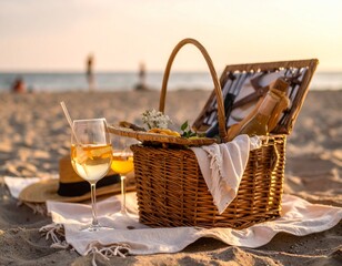 Romantic beach picnic at sunset with wine, wicker basket, glasses, and straw hat on a soft blanket. Warm golden light, sea view, and calm summer atmosphere.