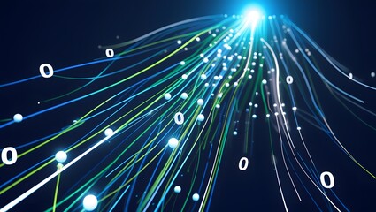 Abstract digital network of glowing lines and data points converging towards light