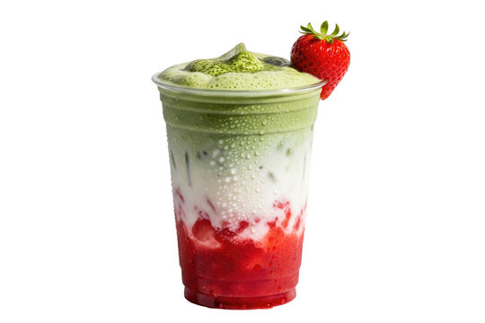iced strawberry matcha latte with fresh garnish in a plastic cup