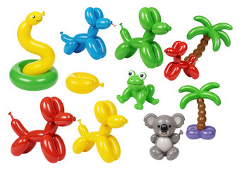 Balloon animals and toys collection isolated on transparent background