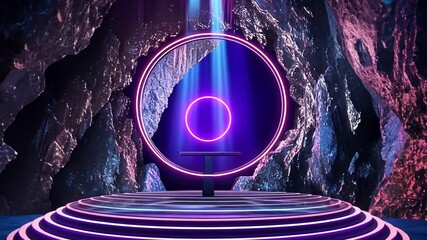 A neon portal stage in a cave with rocky walls illuminated with blue and purple light - Powered by Adobe