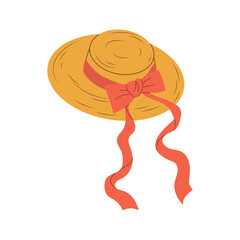 Isolated flat vector illustration of hand drawn straw hat with a red bow on white background. Cottagecore lifestyle. Item of clothing