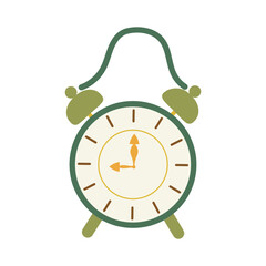 Isolated flat vector illustration of vintage green mechanical alarm clock on white background. Cottagecore lifestyle. Home interior element.