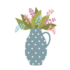 Isolated flat vector illustration of vintage blue jug with white polka dots and bouquet of wildflowers on white background. Cottagecore lifestyle. Home interior element.