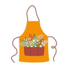 Isolated flat vector illustration of orange garden apron with a bouquet of wildflowers on white background. Cottagecore lifestyle.