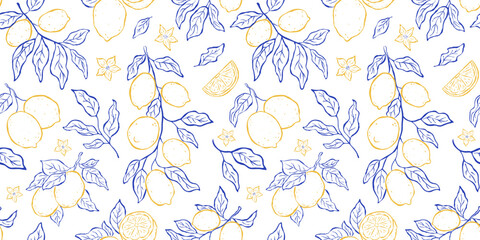 Rectangular seamless pattern with lemons, branches, leaves and flowers on white backdrop. Sketch italian style. Flat vector illustration. Mediterranean life. Perfect for cover, textile, wrapper