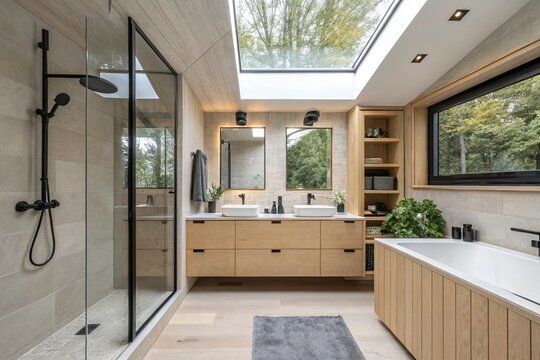 "Compact modern bathroom for small apartment, efficient space layout, wall-hung toilet, sleek storage cabinets, bright and airy 