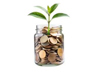 plant growth and coins in a pot 