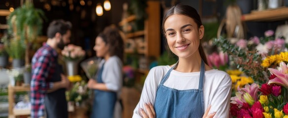 The florist smiling proudly in a vibrant flower shop atmosphere.