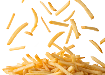 french fries falling from above on transparent background
