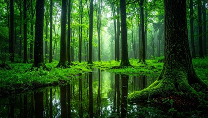 Obraz premium Serene Lush Green Forest with Reflecting Pool in Morning Light