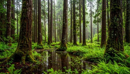 Obraz premium Verdant Forest Floor with Reflective Pool and Towering Trees
