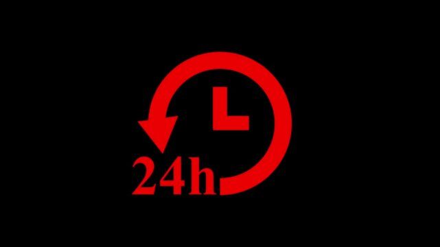 24h Clock Rotation Animation on Black,Red Circular Countdown,Clock 24 hours icon, isolated on transparent background with alpha channel Clock ,Hud icon timer time passage waiting time animation 4K ,  