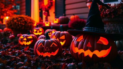 "Spooky Halloween Night with Glowing Jack-o'-Lantern Pumpkins on Doorstep"