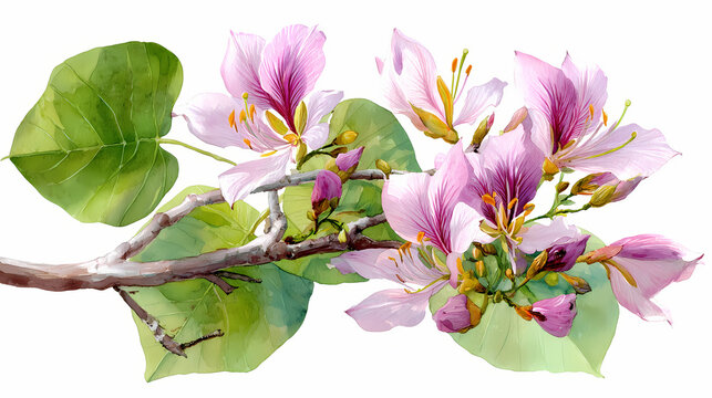 Watercolor Illustration of Bauhinia Kachnar Tree with Purple Flowers on White Background