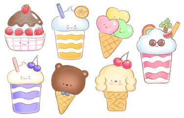 Cute Ice Cream and smoothie Character Set .  Kawaii Pastel Animal Desserts for Kids. transparent background for easy used. cozy and mild drawing style. 