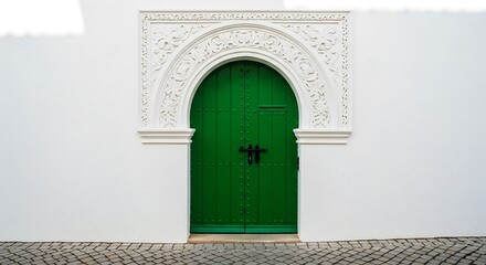 Green door architecture design entrance white wall archway exterior building facade travel photo 100 characters