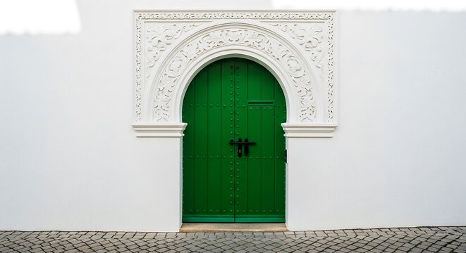 Green door architecture design entrance white wall archway exterior building facade travel photo 100 characters - Powered by Adobe