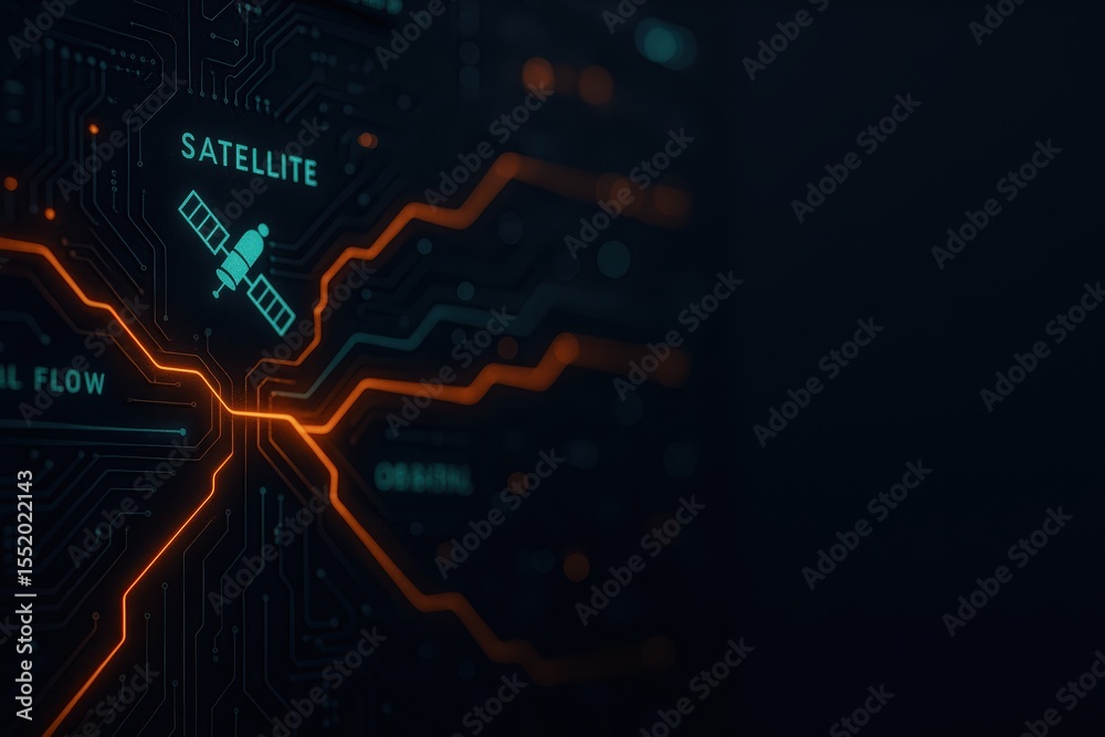 Poster abstract satellite technology design with circuit pattern and flow lines on dark background