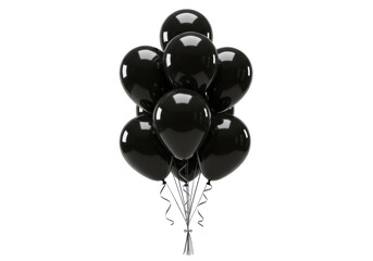 Tightly clustered glossy dark black latex party balloons with a reflective silver ribbon gracefully draped, on a transparent isolated background with bright studio lighting, concept for elegant