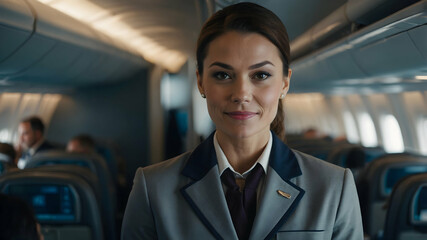 Flight attendant smiles in the cabin of an airplane wearing a professional uniform