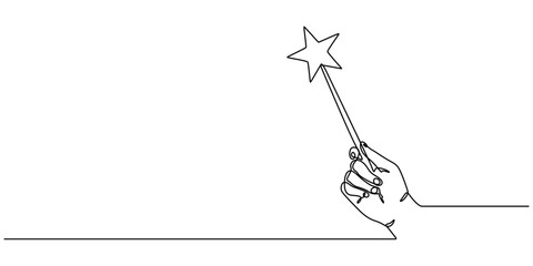 magic wand with hand continuous one line drawing, Single one line drawing hand holding magic wand. Decorative magic wand with magic trace. Star shape magic accessory design graphic vector illustration © SREESADHIN