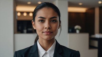 Businesswoman in a suit smiles confidently in an office environment for a portrait
