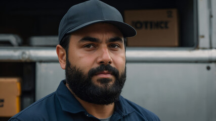 Close up portrait of a serious delivery driver in uniform with a beard