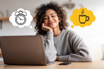 Woman working on laptop with thought bubbles with a cup of coffee and an alarm clock. Office job, work schedule and  lunch break concept. Lifestyle portrait for poster, social media, design 