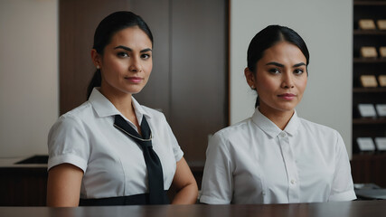 Two women in uniform stand behind a hotel reception desk ready to assist guests