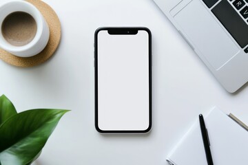 A flat lay of a smartphone with a blank screen