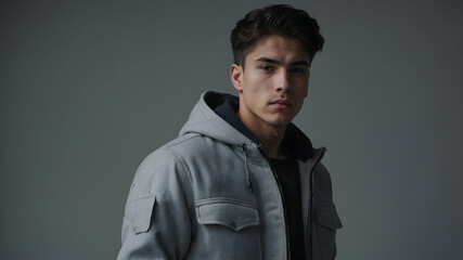 A young man in minimalist Hoodie attire, plain gray backdrop and even light.

