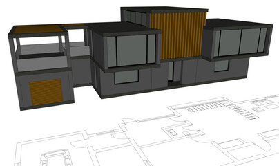 Modern house building sketch architectural 3d rendering