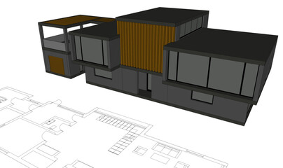 Modern house building sketch architectural 3d rendering