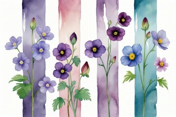 Vibrant watercolor flowers with abstract stripes in a soft color palette