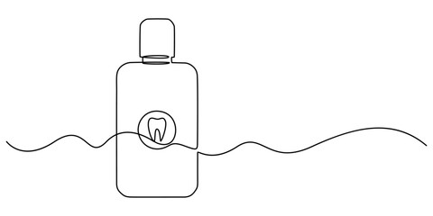 Obraz premium Mouthwash in one continuous line. One line drawing, minimalism. Vector illustration, mouthwash pro vector concept. mouthwash bottle, Dental care products, Dispenser Bottle with Liquid white background