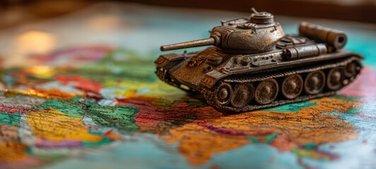 The tank model positioned on a colorful geographical map showcasing historical territories.