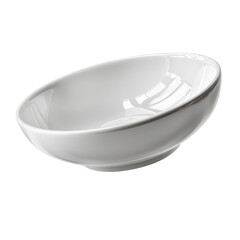 White ceramic bowl isolated on a transparent background. Empty round dish with smooth surface and clean edge. Kitchen tableware for food, meals, serving, and cooking ingredients.
