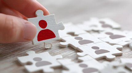 Hand Fitting Puzzle Piece with Red Person Silhouette Into White Pieces Teamwork Concept