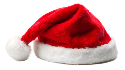 red Christmas Santa Claus hat with a white pompom, Santa hat isolated on transparent background, holiday greetings, png file