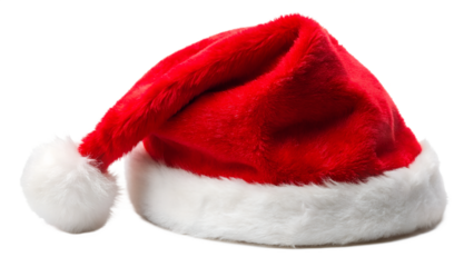 red Christmas Santa Claus hat with a white pompom, Santa hat isolated on transparent background, holiday greetings, png file