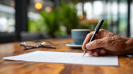 Hand Writing With Pen On Paper Near Coffee Cup and Glasses on Wooden Table