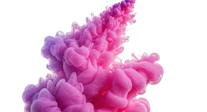 Vibrant pink and purple abstract fluid, like swirling ink or smoke with ethereal, fluffy textures, subtle light blue and grey hues, and clear contours, isolated on a transparent background with copy