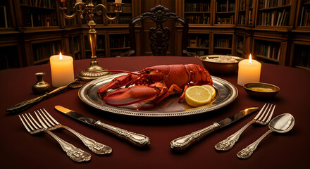 Elegant Dinner Featuring Lobster In Opulent Library Setting With Candlelight
