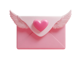 Pink Envelope with Winged Heart Seal on Transparent Background