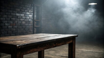Rustic wooden table in a smoky room with a brick wall backdrop
