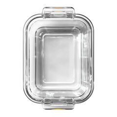 Glass food container isolated on a transparent background. Rectangular transparent box with plastic lid clips, top view. Used for food storage, meal prep, and kitchen organization.