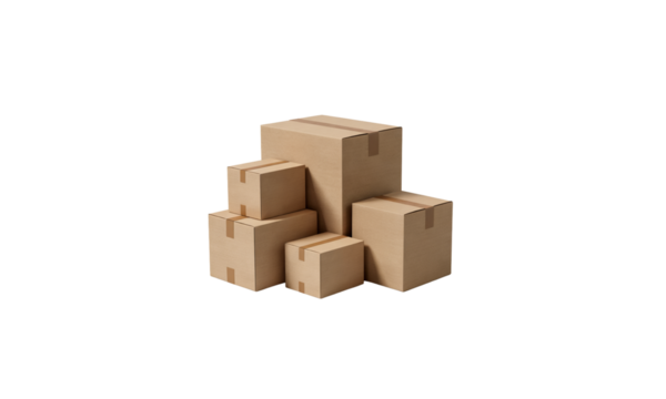Isolated brown cardboard shipping boxes and containers on a white background